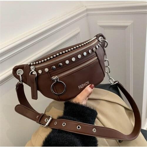 Luxury Brand Women Chest Bags Fashion Rivet Crossbody Bag Vintage Small Leather Handbag Female Waist Bag Chain