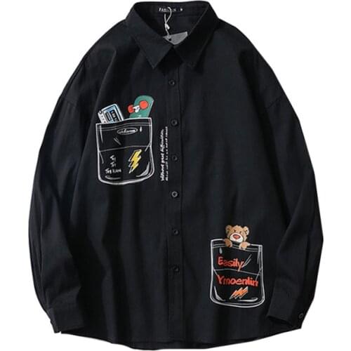 Spring Summer Japanese Cartoon Print Long-sleeved Shirt Men Popular Logo Loose All-match Casual Shirts