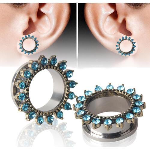 New Arrival 1 Pair Surgical Stainless Steel Gauge Earrings Green Crystal Ear Plug Tunnel Piercing Body Jewelry