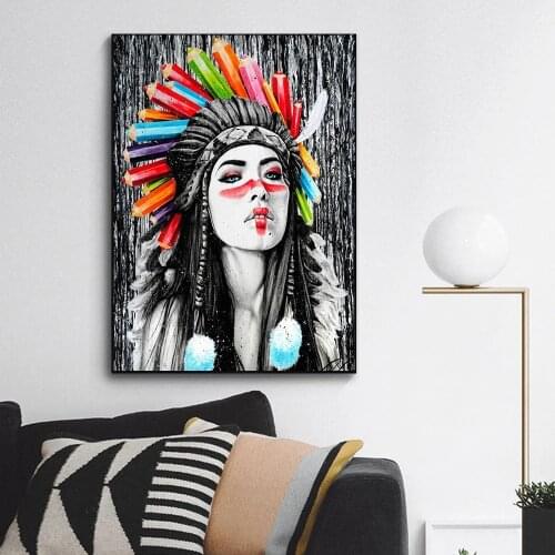 Creativity Color Indian Woman Painted Wall Art Posters Pretty Girl Home Decor Canvas Painting for Living Room Bedroom Decoration
