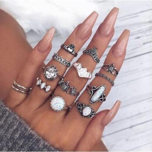 UODCM 2021 Vintage Summer 14Pcs/Set Fairy Friends Colorful Stone Metalic Fashion Finger Rings Korea Hit Rings Women Girl Party