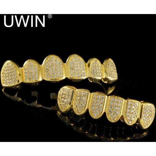 UWIN New Custom Fit color Gold Color All Iced Out Luxury AAA Zircon Rhinestone Top & Bottom Gold Grills set Hop HIP teeth Gift