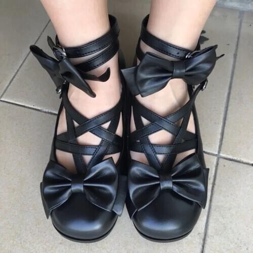 Japanese soft leather lolita round head detachable Bowknot Princess Kawaii Girl Women Shoes Cosplay JK Uniform Lolita Shoes