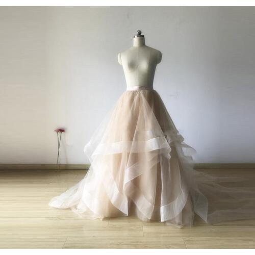 Pretty Champagne Ruffles Bridal Tulle Skirts A-line Elegant Formal Wedding Tutu Skirt Women Organza Edge Faldas Mujer Moda