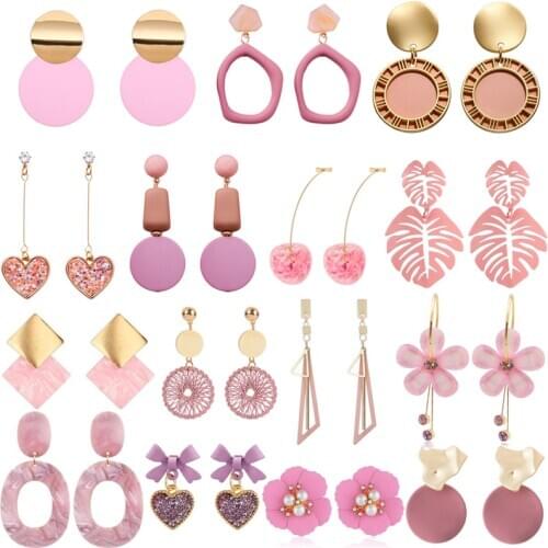 2021 New Korean Acrylic Pink Geometric Earrings for Women Cute Romantic Round Flower Heart Candy Color Fashion Jewelry Brincos