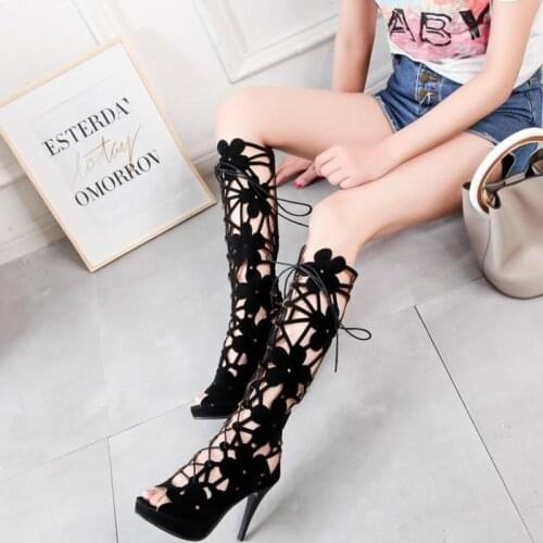New 4 Inches Flock Flower Platform Women Boots Peep Toe Sexy Fetish Nightclub Fashion Party Models Show Stripper Elegant Lace Up
