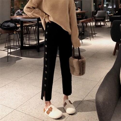 Women Casual Pants New Autumn Fashion Black Grey Knitted Straight Pants Single-breasted High Waist Wide Leg Pants Loose Trousers