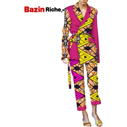 New Two Piece Sets Women Autumn Fashion Print Blazer and Long Pants Causal Suits African Designer Office Women Sets WY6094
