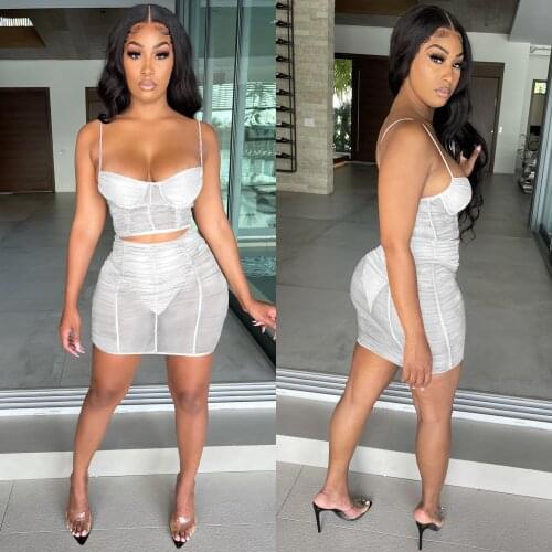 Hirigin Women Casual 2Pcs Summer Outfits Ruched Mesh Sleeveless Crop Cami Tops + Mini Skirt Set Multi-Color Indoors And Outdoors