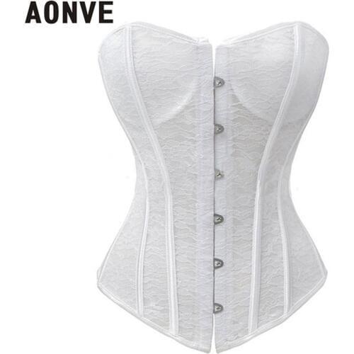 Aonve Women Sexy Bustiers Corset White Wedding Party Korse Lace See Through Waist Slimming Punk Goth Korset Femme Sexy Corsage