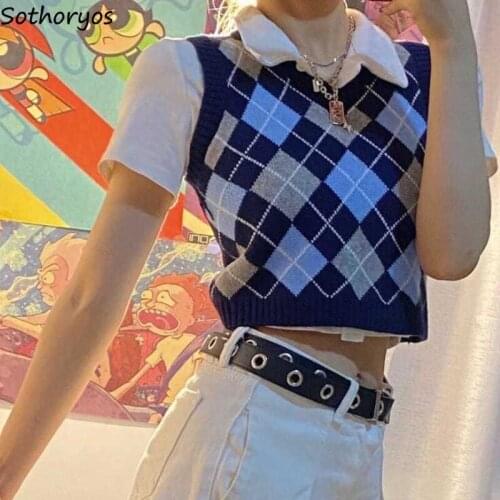 Women Sweater Vests V-neck Argyle Patchwork Preppy Style Fashionable Crop Tops Slim Sweet Hot Harajuku Hipsters Vintage Ulzzang
