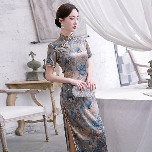 Women Elegant Flower Print Long Qipao Vintage Button Trim Traditional Chinese Dress Summer Sexy Slim Exquisite Cheongsam