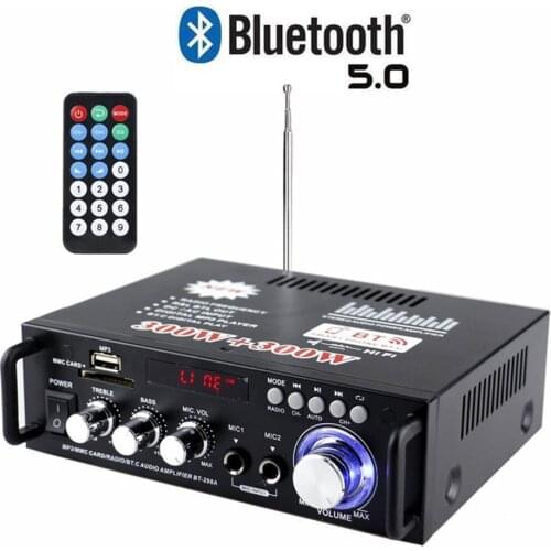 300Wx300W Bluetooth-Compatible 5.0 Stereo Audio Amplifier Receiver Dual Channel Power Amp with USB FM Radio Mic Input+Remote