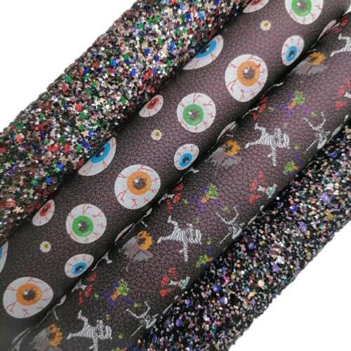 Glitter leather with Red Blue Stars, Halloween Eyes Zombies Printed synthetic leather Faux Leather For Bows DIY 21x29CM KM690