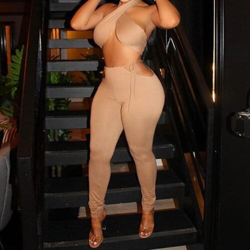 BKLD Y2K Lace Up Halter Camisoles And High Waist Bandage Trousers Sexy Fashion 2021 Newest Streetwear Club Outfits Two Piece Set