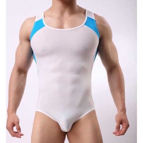Summer Men Color-blocking Sleeveless Leotard Bodysuit Round Neckline Tank Catsuit Jumpsuit One-piece Sports Fitness Teddies