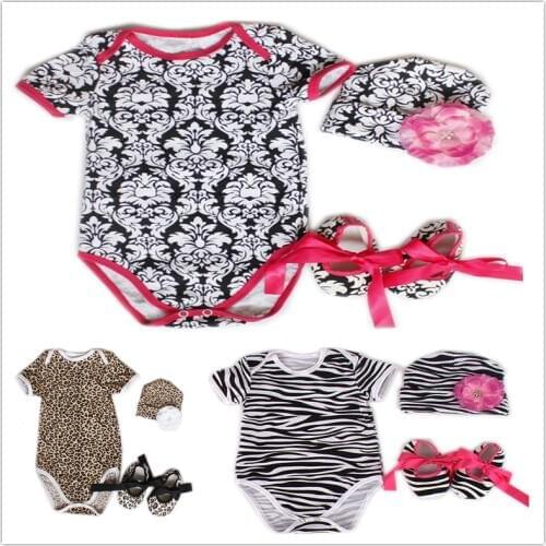 Floral Baby Girl Bodysuits Shoe Flower Hat 4PCS Suit Newborn Clothes Set Leopard Jumpsuit Zebra Cotton Children T-Shirt 0-2 Year