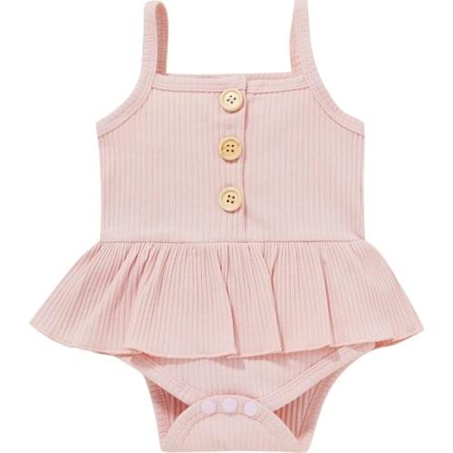 Pudcoco Toddler Summer Jumpsuit Solid Color Ribbed Spaghetti Strap Sleeveless Romper Dress Baby Girls Clothes 0-18 Months