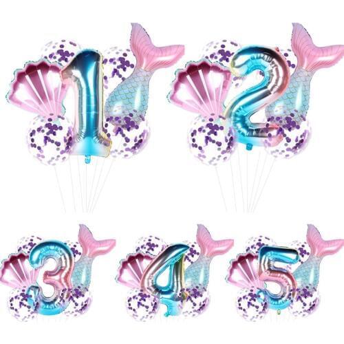 Fengrise 7pcs/lot Mermaid Tail Balloons 1st Birthday Party Decor Kids Mermaid Party Supplies Latex Number Ballon Baby Shower
