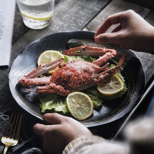 Japanese Art Ceramic Black Western Steak Plate Modern Kitchen Retro Round Dessert Sushi Salad Plate Commercial Tableware