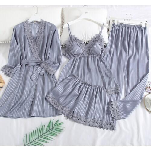Striped 4PCS Pajamas Suit With Belt Lady Sexy V-neck Strap Top&Pant Autumn Casual Home Clothes Chest Pads Lace Trim Nightwear
