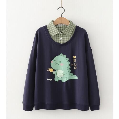 Korean Autumn Womens Sweatshirts Preppy Style Patchwork Fake Two Piece Cartoon Dinosaur Print Loose Ullzang Hoodies for Student