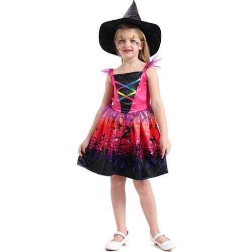 Halloween Vampire Witch Costume Kids Cosplay Colorful Skirt Girls Fancy Dress With Hat Halloween Scary Wizard Witch Disfraces
