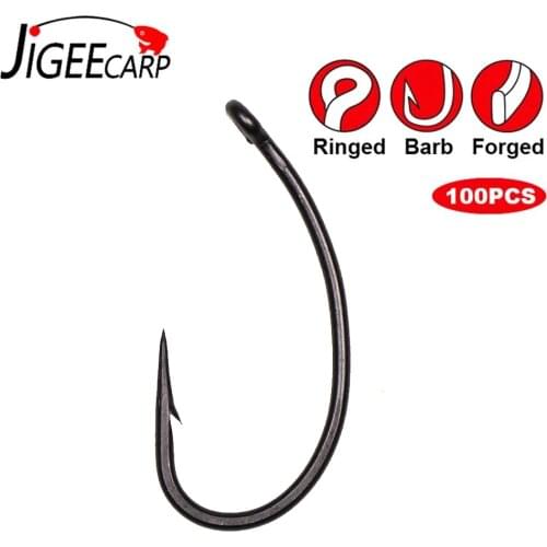 JIGEECARP 100PCS Carp Fishing Hooks Coated Non-Reflective Sharp Point Hair Rig Hooks Barb Carp Method Fishing Hook