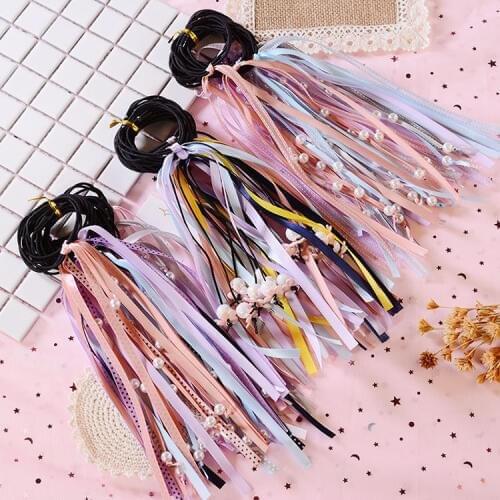 200pcs/lot DIY Simple Multi Long Ribbon Bowknot Hair Bands Elasticity Pearl Rubber Band Hair Styling Tools Accessories HA1097