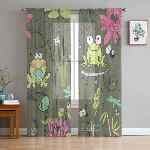 Frog Lotus Leaf Flower Fish Pond Curtain Window Tulle For Living Room Bedroom Kitchen Chiffon Sheer Window Treatment Decorations