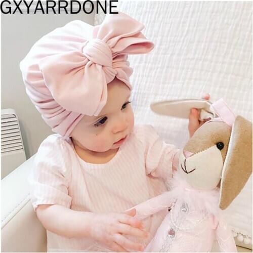 2020 New Wholesale Solid Cotton Big Bow Hat Baby Kids Headbands Soft Warm Beanies Hats Cap Turban Children Hair Accessories