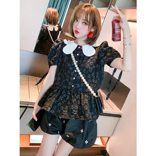 New - bump color lace collar pendulum jacquard lotus leaf coat + of tall waist bud shorts suits female amoi