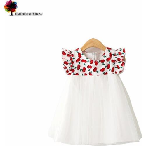 New Children Clothing Spring Summer Girls Lovely Red Apples Printed Flying Sleeve Cotton Dresses with Organza Shell