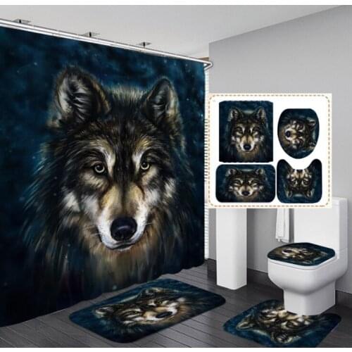 New Pattern Lonely Wolf Bathroom Decoration Waterproof Shower Curtain Bath Mat Pedestal Rug Lid Toilet Cover Bathroom 4pcs
