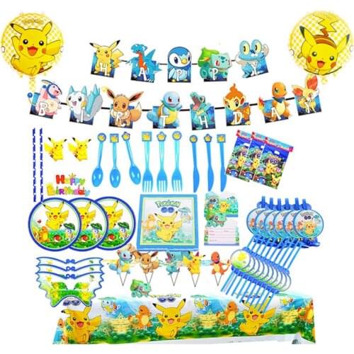 Pokemon Pikachu Monster Decoration Set Tablecloth Hat Pokémon Action Figures Anime characters Set Kids Birthday Party Decoration