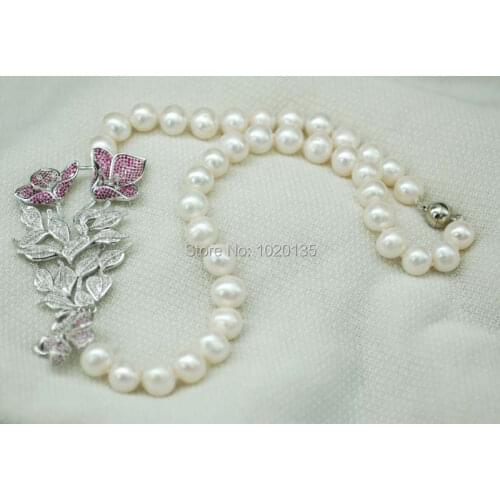 Freshwater pearl near round necklace 11-12mm nature beads wholesale 19inch red flower pemdant FPPJ