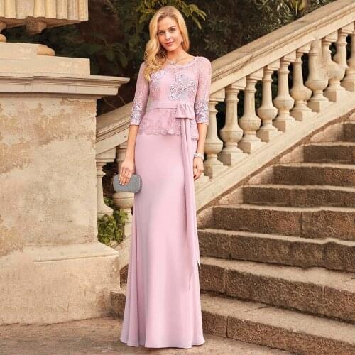 Dusty Pink Mother Wedding Party Dresses Scoop Neck 3/4 Sleeves Lace Bow Belt Sheath Floor Length Mother Of The Bride Dress