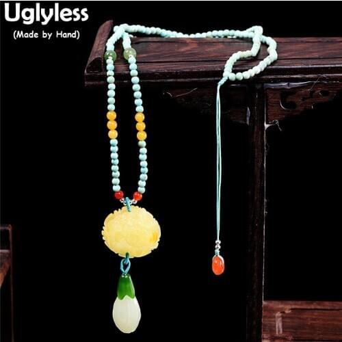 Uglyless Luxury Natural MINI Turquoise Beading Chains Necklaces for Women Beeswax Amber Floral Pendants Jade Magnolia Jewelry