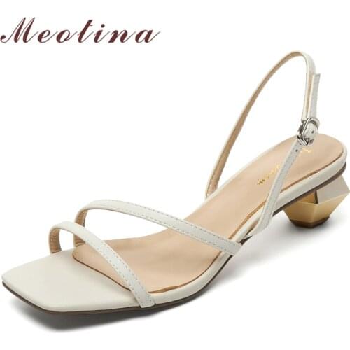 Meotina Shoes Women Genuine Leather Sandals Narrow Band Med Heel Sandals Square Toe Shoes Strange Style Ladie Footwear Summer