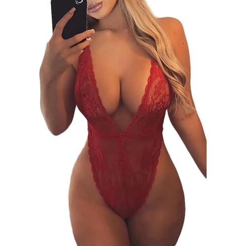 Sexy Floral Lace Bodysuit Women Lingerie Underwear Sleeveless Deep V Neck See Through Skinny Leotard Bustier Babydoll Sleepwear