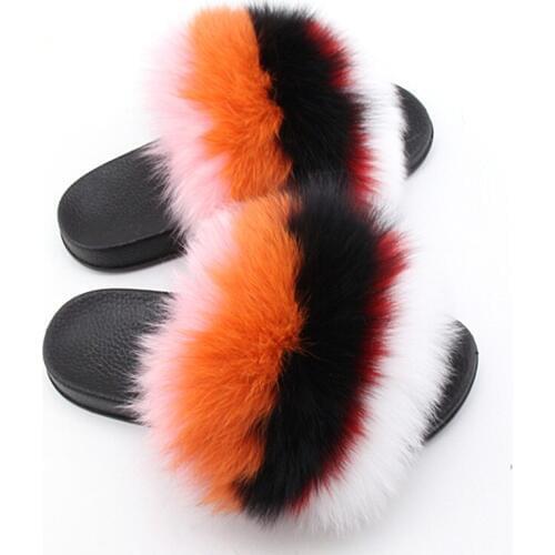 Women Real Fox Fur Slippers Fluffy Mixed Colors Fur Slides PU Sandals With Fur Female Rubber House Flip Flops Plush Shoes
