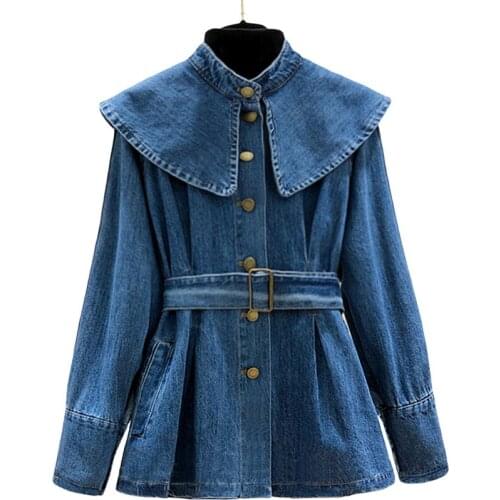 DANCING WINGS Women Denim Blouse peter pan collar flare sleeve solid loose Jeans Shirts top women