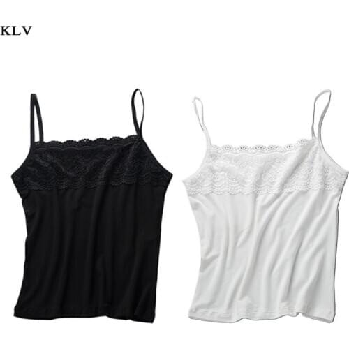 Women Basic Layer Sleeveless Tank Top Scalloped Floral Lace Splicing Chest Slim Camisole Spaghetti Strap Sling Vest