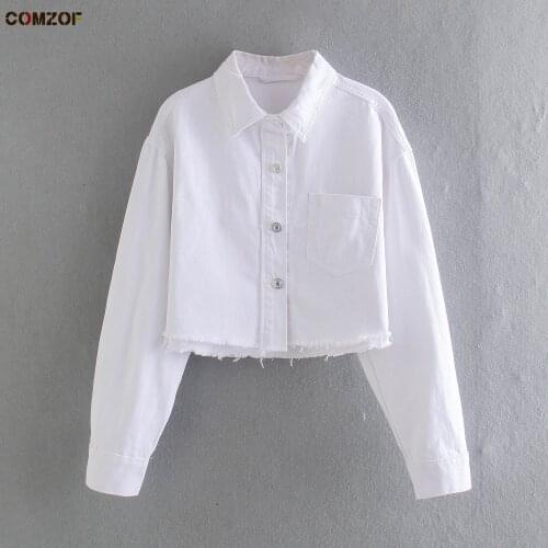 New Arrival Women White Denim Jacket Long Sleeve Crop Top Fashion Jeans Coats Pockets 2021 Spring Autumn Clothing Blouson Femme