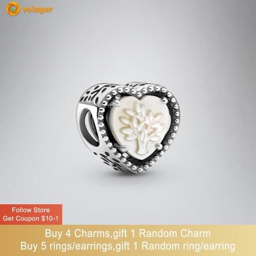 Volayer 925 Sterling Silver Openwork Heart & Family Tree Charm fit Original Pandora Bracelets for Women DIY Jewelry