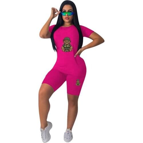 Spring Summer Sporting Women Set Solid Color Annie Bear Print T-shirt Skinny Slim Pants Suit Two Piece Set Elegant Tracksuit