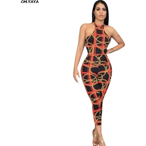 2019 women summer chain plaid print sleeve open back halter neck jumpsuit bodycon ankle length beach romper playsuit K8031
