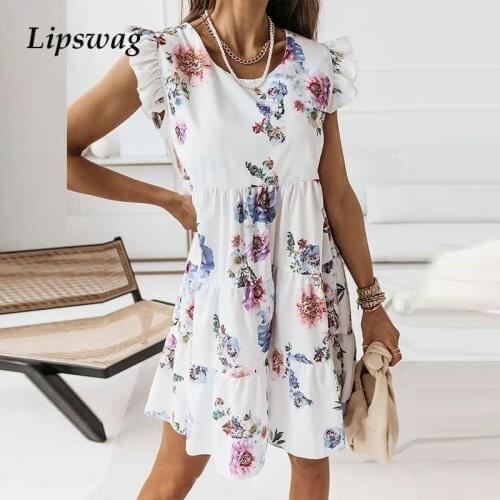 Women 2021 Summer Elegant Floral Print Mini Dress Casual O-Neck A-Line Party Dress Ladies Fashion Butterfly Sleeve Pleated Dress