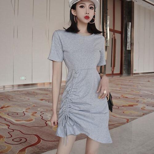 Women Ruffled Drawstring Slim O Neck Dress Short Sleeve Casual Lace Up Ruffles Asymmetrical Dresses Solid