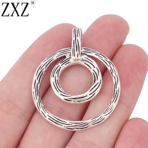 ZXZ 10pcs Tibetan Silver Hammered Open 2 Rings Circles Charms Pendants 2 Sided for Necklace Jewelry Making Findings 43x35mm